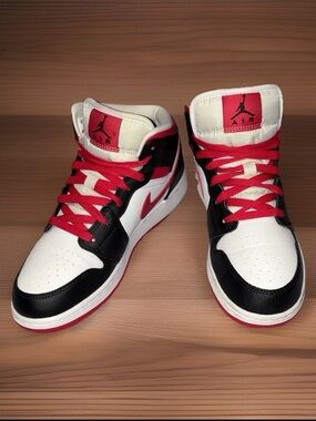 Nike Air Jordan 1 Mid, Red/Berry, Black & White Size Kids 6.5 = Women’s Size 8